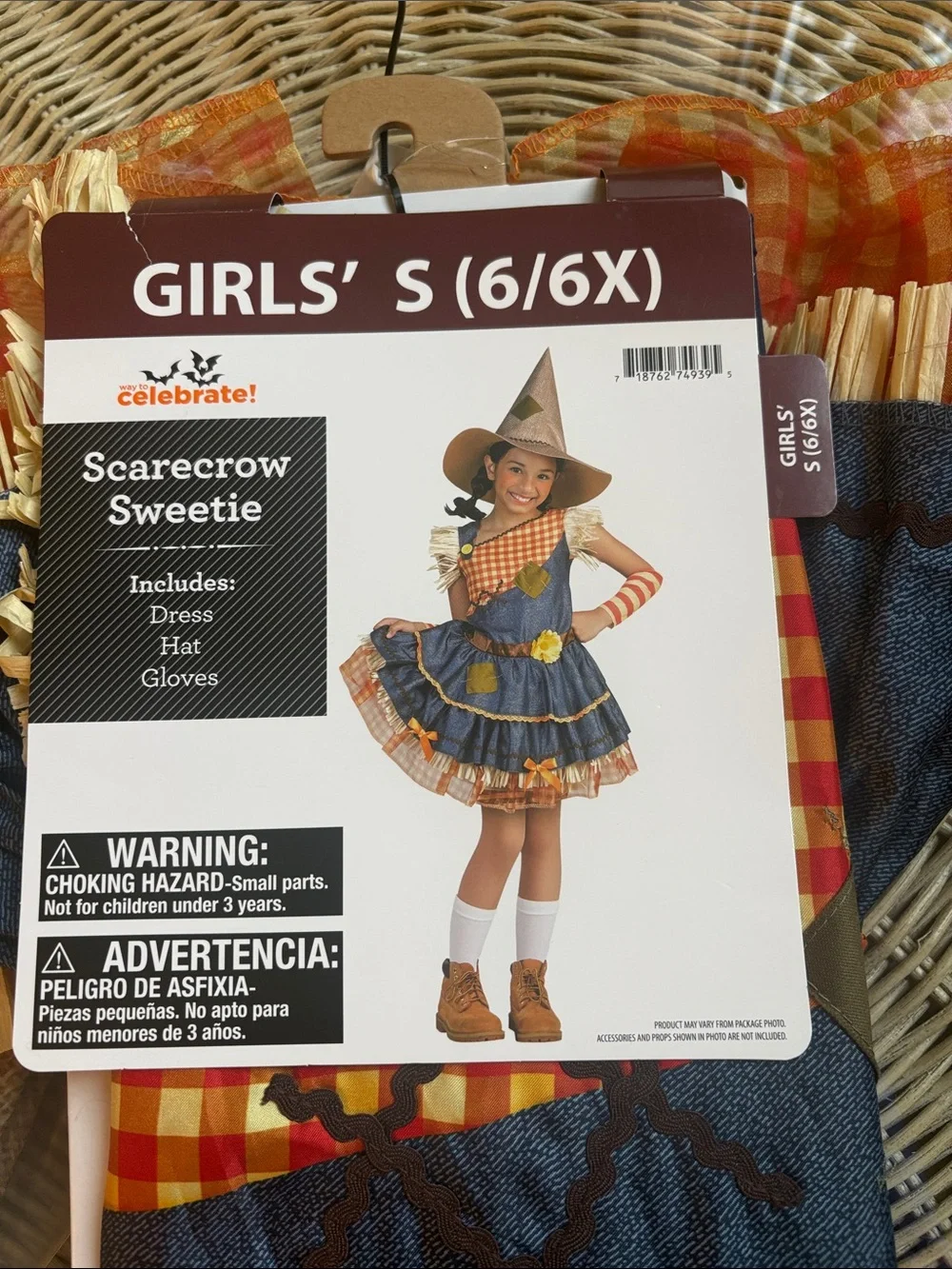 NWT Celebrate! Girls' Scarecrow Sweetie Costume - Orange & Blue (Size 6/6X)